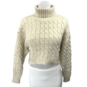Isalis Women's Cream Cable Knit Foldover Turtleneck Crop Sweater Top Size S
